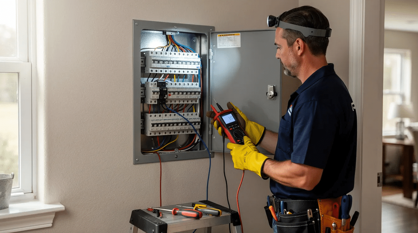 An electrician is inspecting a residential electrical panel using testing equipment to assess its condition and safety. This inspection is crucial for identifying any potential electrical hazards, ensuring the home's electrical system can meet modern demands, and determining if an electrical panel upgrade is necessary.