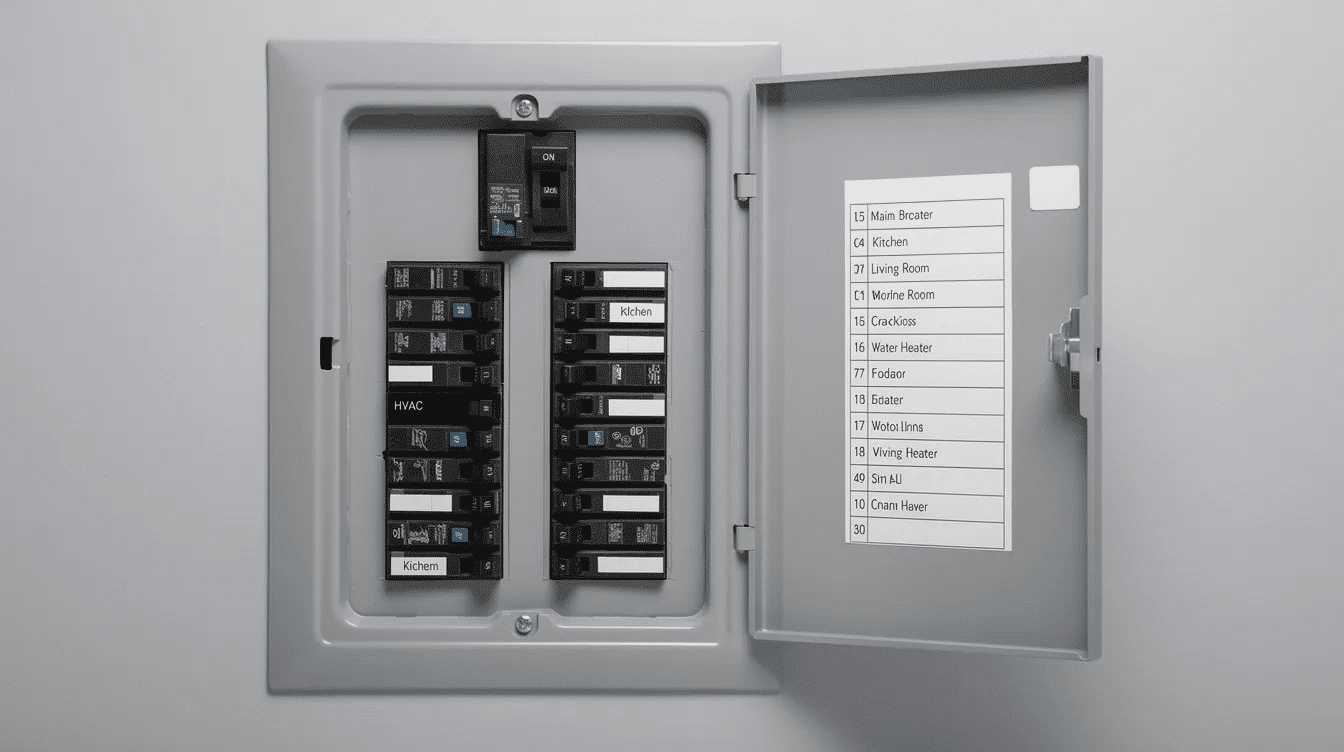 The image shows a modern residential electrical panel equipped with clearly labeled circuit breakers, illustrating an organized and safe electrical system. This updated panel is essential for meeting modern electrical demands and reducing safety risks, making it a key aspect of electrical panel upgrades in Orlando.